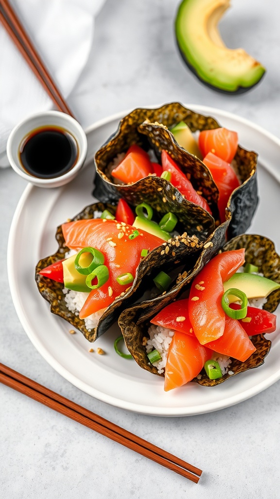 Sushi tacos with seaweed shells filled with rice, fish, avocado, and vegetables, garnished with sesame and green onions on a minimalist table.